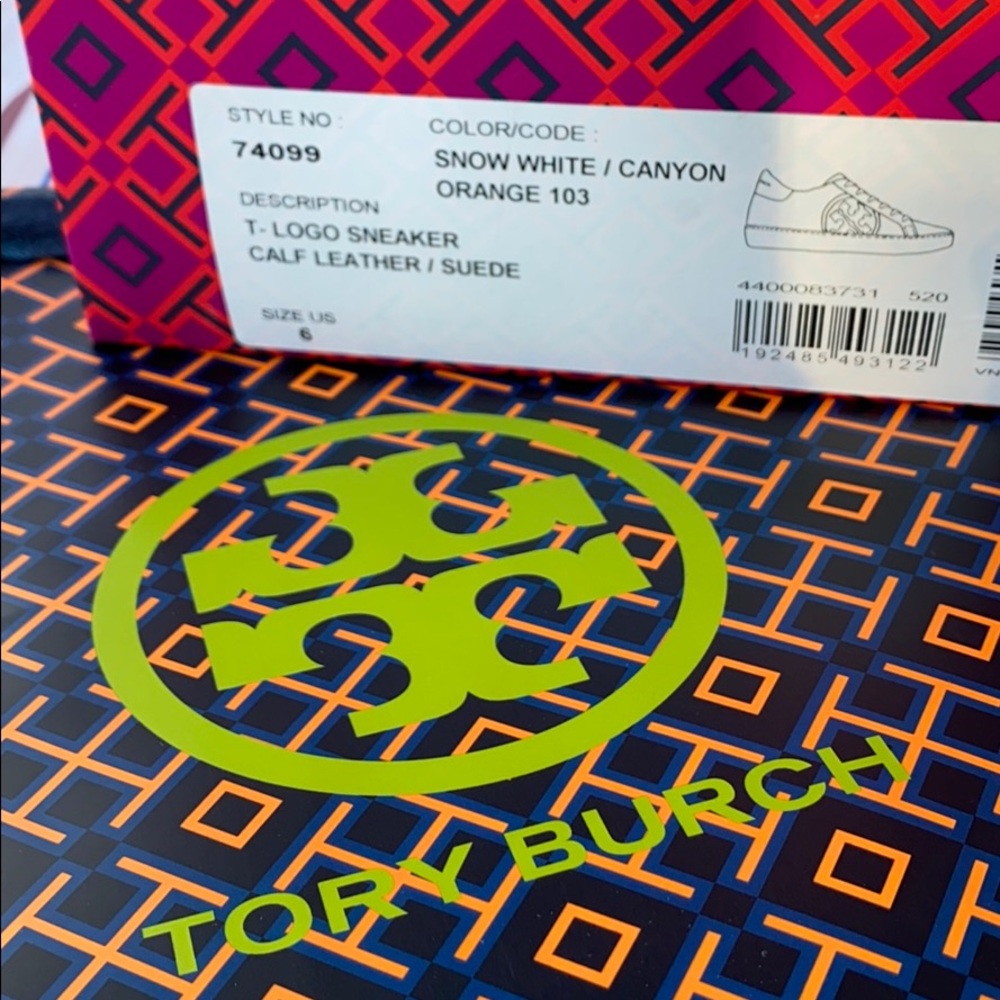 Tory Burch T-LOGO Leather Low Top Sneaker Orange - Picture 12 of 12
